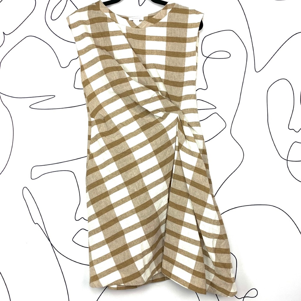 Intropia Tan Ivory Gingham Plaid Ruched Dress